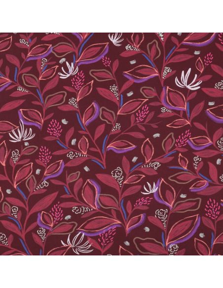 Tecido popeline de algodão flores e folhas - Bordeaux