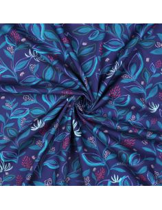Tecido popeline de algodão flores e folhas - Azul
