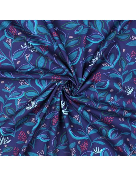 Tecido popeline de algodão flores e folhas - Azul