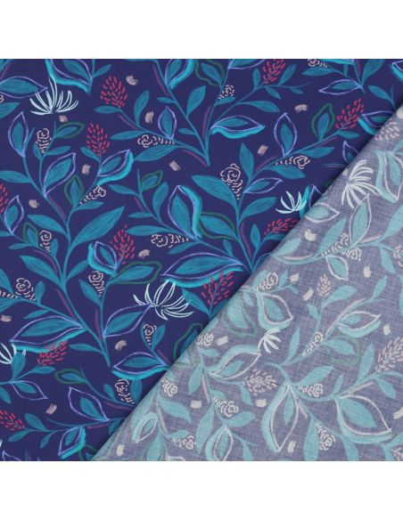 Tecido popeline de algodão flores e folhas - Azul