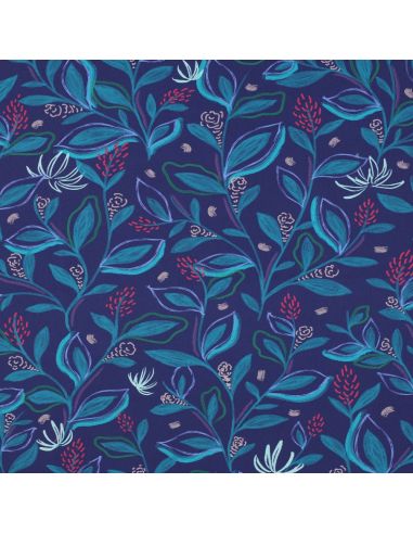Tecido popeline de algodão flores e folhas - Azul