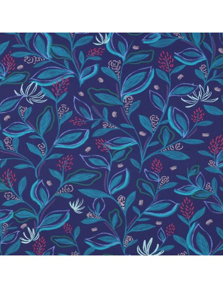 Tecido popeline de algodão flores e folhas - Azul