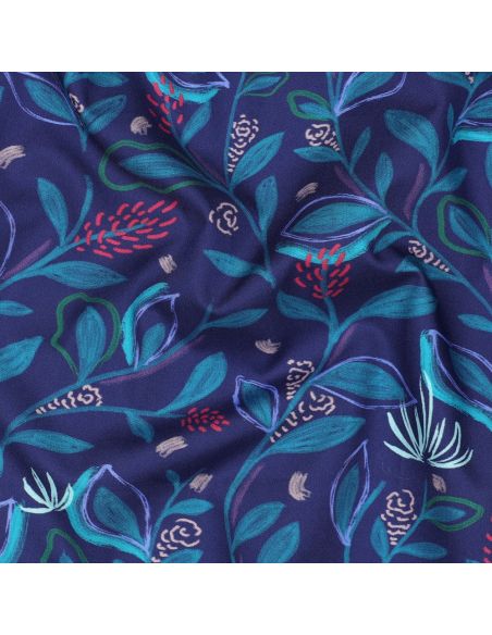 Tecido popeline de algodão flores e folhas - Azul