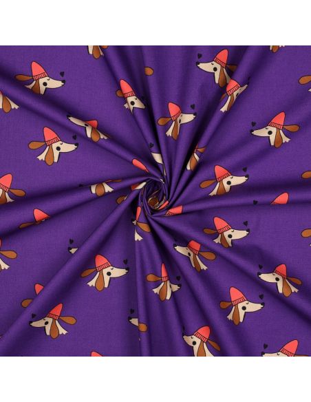 Tecido popeline de algodão cães e corações - Roxo