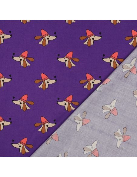Tecido popeline de algodão cães e corações - Roxo