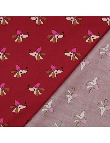 Tecido popeline de algodão cães e corações - Bordeaux