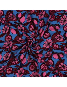 Tecido viscose - Flores rosa fundo azul
