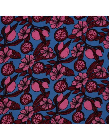 Tecido viscose - Flores rosa fundo azul