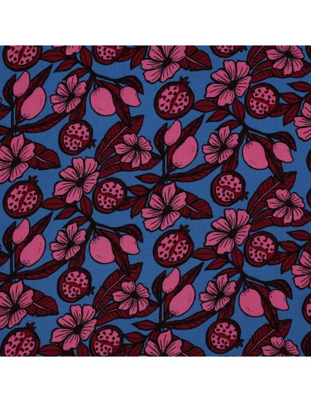 Tecido viscose - Flores rosa fundo azul