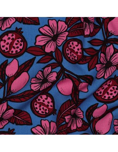 Tecido viscose - Flores rosa fundo azul