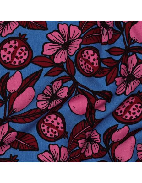 Tecido viscose - Flores rosa fundo azul