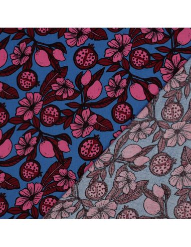 Tecido viscose - Flores rosa fundo azul