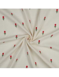 Tecido gaze dupla bordado flores - Natural
