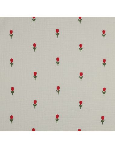 Tecido gaze dupla bordado flores - Natural