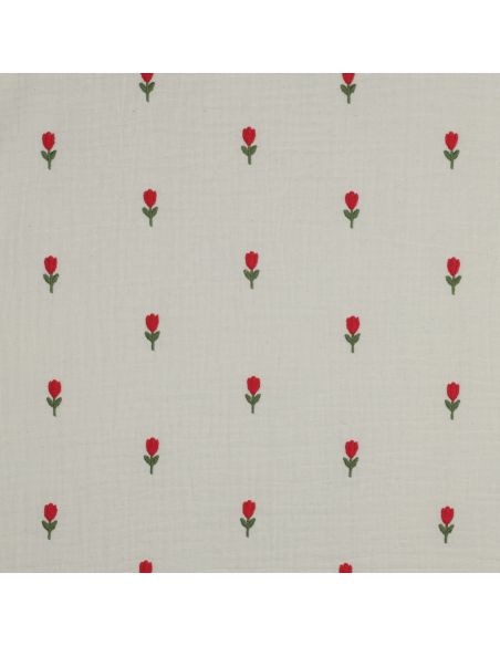 Tecido gaze dupla bordado flores - Natural