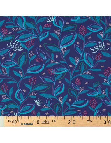 Tecido popeline de algodão flores e folhas - Azul