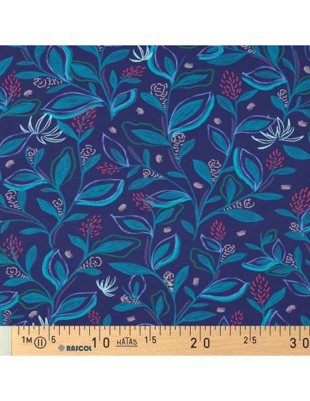 Tecido popeline de algodão flores e folhas - Azul