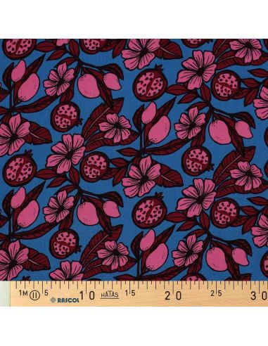 Tecido viscose - Flores rosa fundo azul
