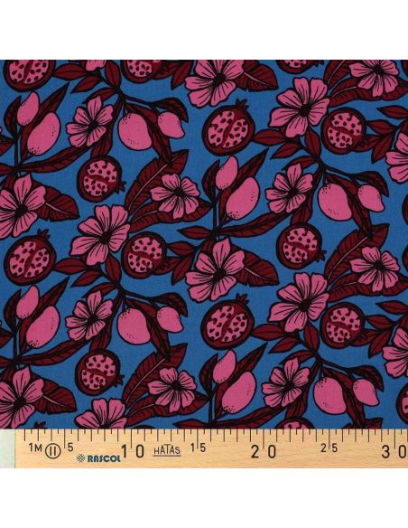 Tecido viscose - Flores rosa fundo azul