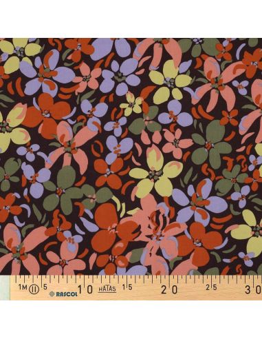 Tecido viscose flores vibrantes - Castanho escuro