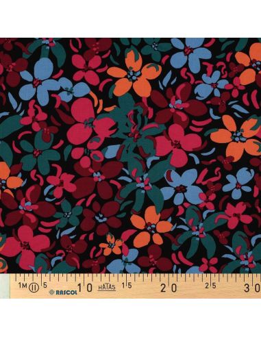 Tecido viscose flores vibrantes - Preto
