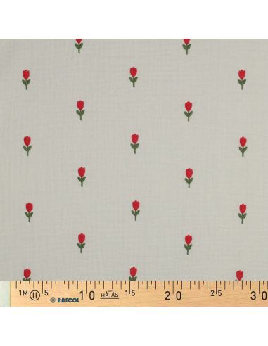 Tecido gaze dupla bordado tulipas - Natural
