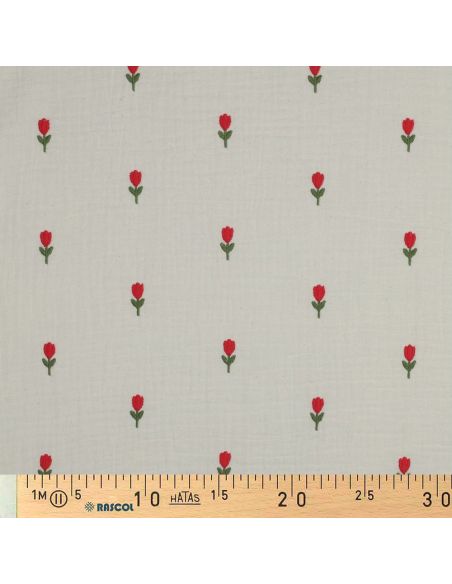 Tecido gaze dupla bordado tulipas - Natural