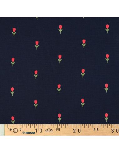 Tecido gaze dupla bordado tulipas - Azul-marinho