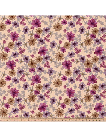 Tecido popelina de algodão - Aster violeta e pêssego