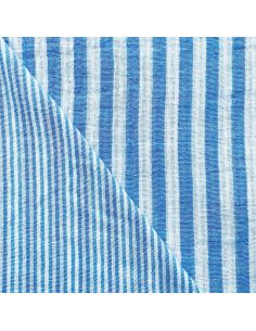 Tecido de gaze dupla frisada com riscas - Azul celeste e branco sujo