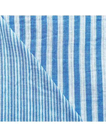 Tecido de gaze dupla frisada com riscas - Azul celeste e branco sujo