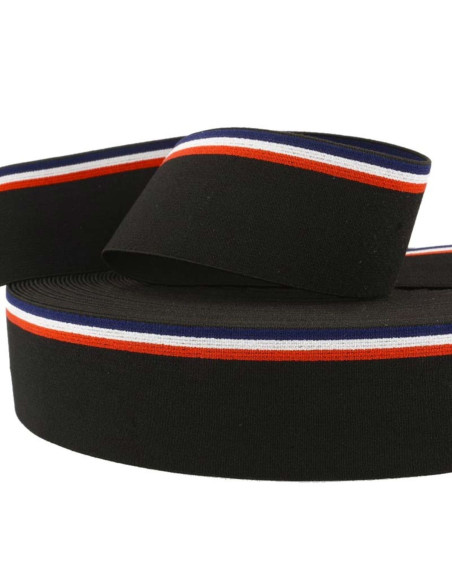 Elástico fantasia listrado tricolor fundo preto 45 mm