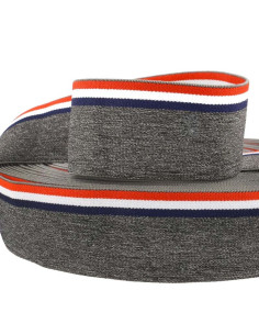 Elástico fantasia listrado tricolor fundo cinza mesclado 45 mm