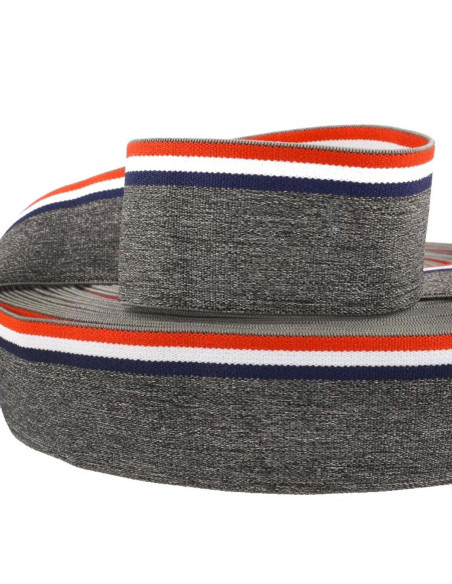 Elástico fantasia listrado tricolor fundo cinza mesclado 45 mm