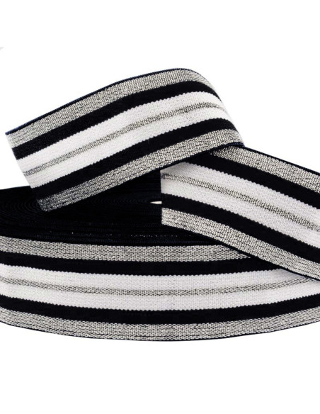 Elástico fantasia lurex listrado preto e prata 40 mm