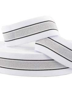 Elástico fantasia lurex listrado branco e prata 40 mm