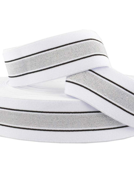 Elástico fantasia lurex listrado branco e prata 40 mm