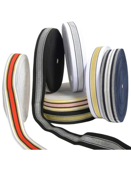 Elástico fantasia lurex listrado branco e prata 40 mm