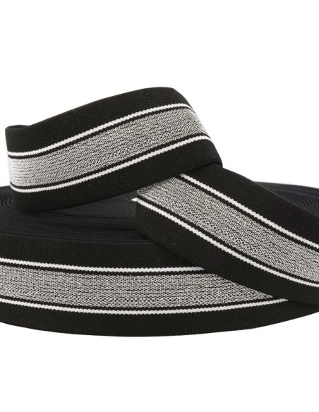 Elástico fantasia lurex listrado preto e prata 40 mm