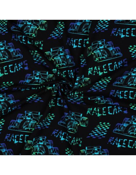 Tecido jersey estampado Carros de corrida - Fundo preto