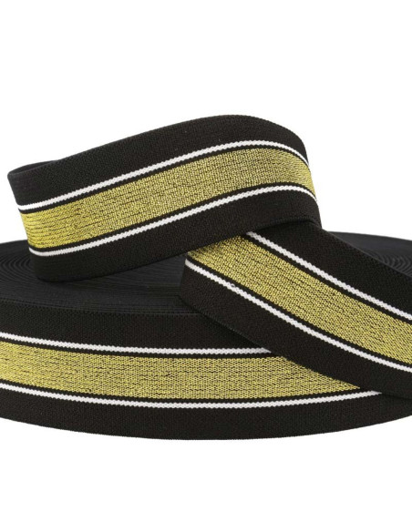 Elástico fantasia lurex listrado dourado e preto 40 mm