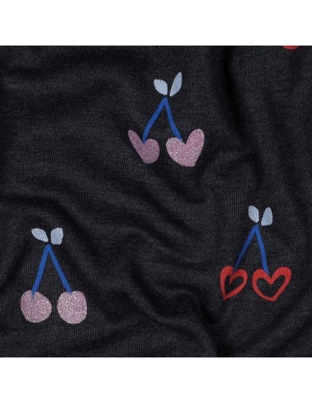Tecido moletom misto com glitter cerejas - Azul marinho