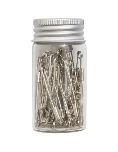 Tubo de vidro com sortido de 50 alfinetes de segurança - Coleção flores azuis