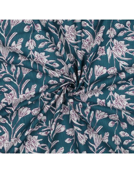 Tecido de algodão indiano block print Kirine - Azul petróleo