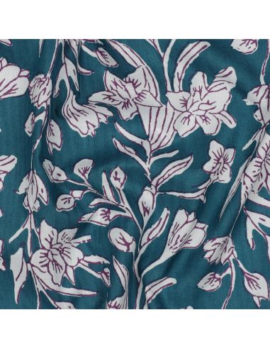 Tecido de algodão indiano block print Kirine - Azul petróleo