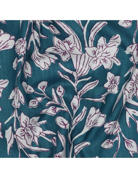 Tecido de algodão indiano block print Kirine - Azul petróleo