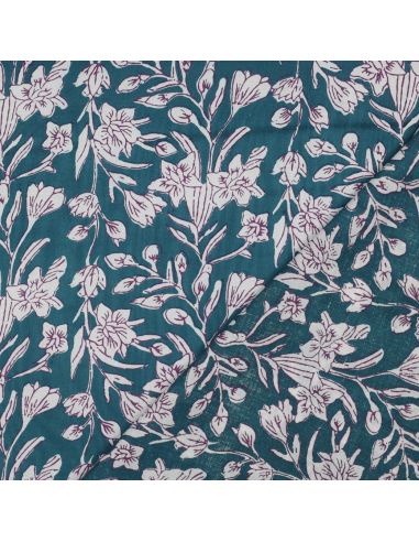 Tecido de algodão indiano block print Kirine - Azul petróleo