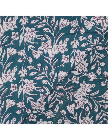 Tecido de algodão indiano block print Kirine - Azul petróleo