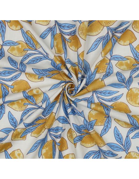 Tecido de algodão indiano block print Limões - Folhas azuis
