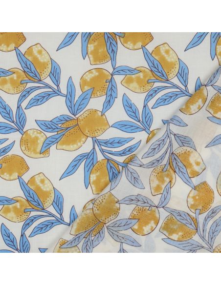 Tecido de algodão indiano block print Limões - Folhas azuis